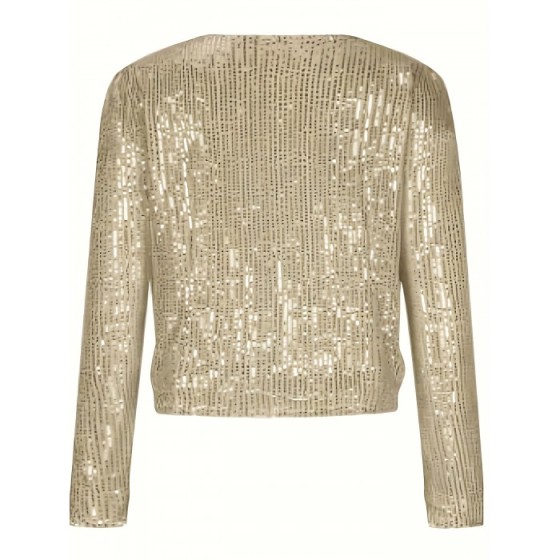 Sequined Solid Jacket, Casual Open Front Crew Neck Long Sleeve Outerwear, Women's Clothing