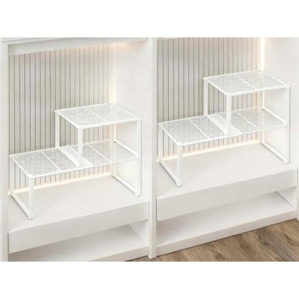 Extendable Metal Wire Shelf Organizer - Adjustable 15-24.4in Length, Stackable Storage Rack for Kitchen/Pantry/Bathroom/Shoe Cabinet/Tool Closet (4, White)