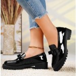 Women Patent Leather Loafers - Summer Glossy Slip-On Dress Shoes with Bow, Chunky Non-Slip Sole Platforms Sandals for School or Casual Wear