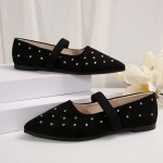 Women's Mary Jane Flats Shoes Pointed Toe Rhinestone Casual Ballet Flats with Ankle Strap Comfortable Suede Dress Shoes for Women Work Office