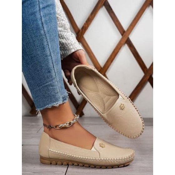Women's Orthopedic Leather Loafers, Beige Slip-On Flats, Casual Comfort Walking Shoes with Barefoot Feel, Anti-Slip Rubber Sole, PU Upper