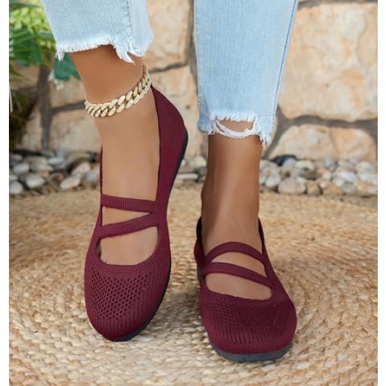 Knit Flats for Women Square Toe Ankle Strap Casual Ballet Flats Mary Jane Shoes Women Comfortable for Dressy Office