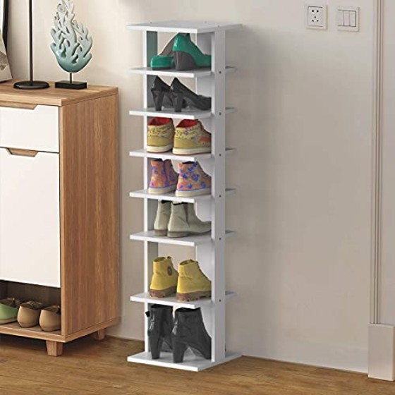 Squareful 7-Tier Wooden Shoe Rack, Modern Vertical Shoe Organizer, Multifunctional Shoe Tower Storage Stand, Space Saving Shelves for entryway, Bedroom, Hallway (White, Small)