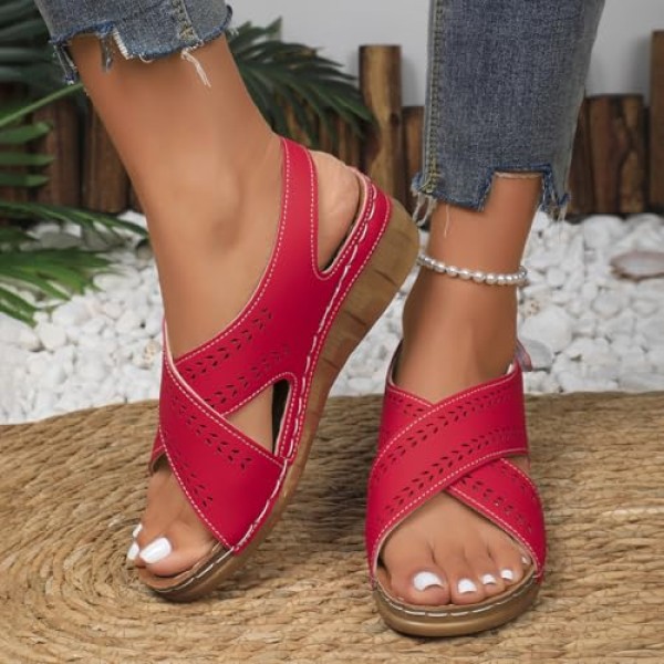 Women's Perforated Leather Sandals | Leaf Cut-Out Design & Adjustable Velcro Strap | Cushioned Wedge Heel Summer Casual Sandals Shoes