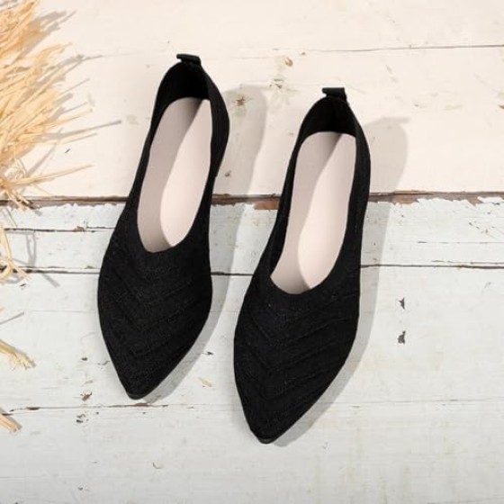 Women's Pointed Toe Knit Ballet Flats - Comfortable Breathable Slip On Dress Shoes, Soft Walking Loafers for Work & Casual