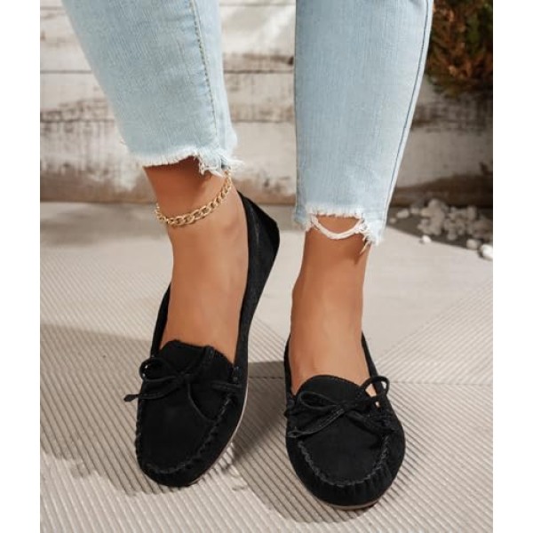 Women's Comfortable Suede Penny Loafers Casual Round Toe Slip On Bowknot Lightweight Walking Flats Moccasins Driving Boat Shoes