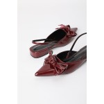 Women's Patent Leather Pointed Toe Slingback Flats with Bow, Burgundy