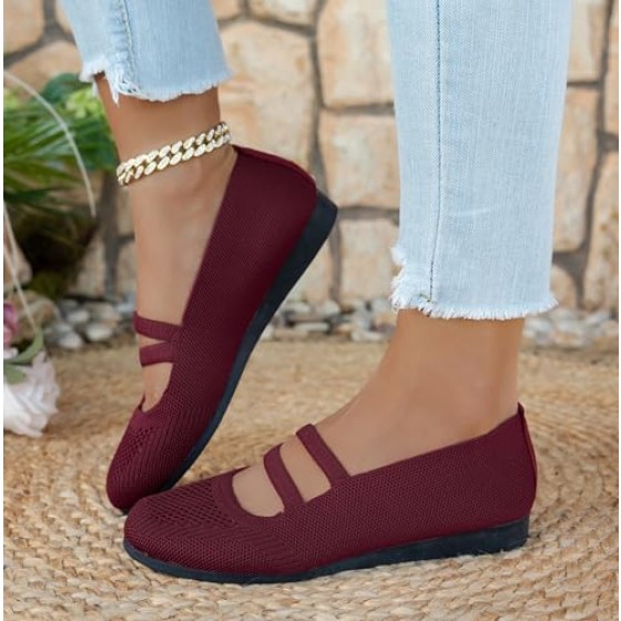 Knit Flats for Women Square Toe Ankle Strap Casual Ballet Flats Mary Jane Shoes Women Comfortable for Dressy Office